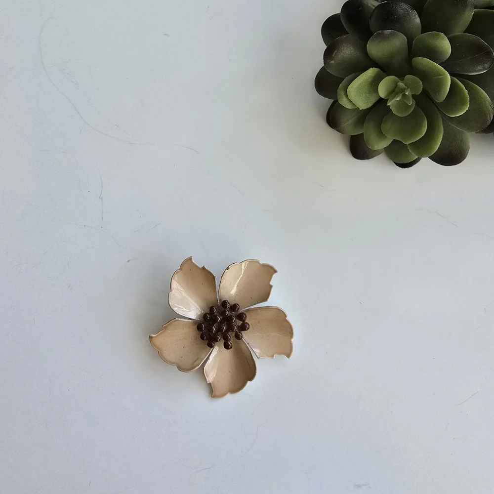 Vintage Pink Enamel Brooch Floral Metal Pin Flower Jewelry